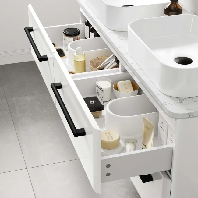 Omaha Gloss White Wall Hung Drawer Vanity with Marble Top & Marin Basin 1200mm - Black Accents