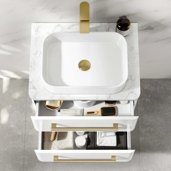 Omaha Gloss White Wall Hung Drawer Vanity with Marble Top & Marin Basin 600mm - Brushed Brass Accents