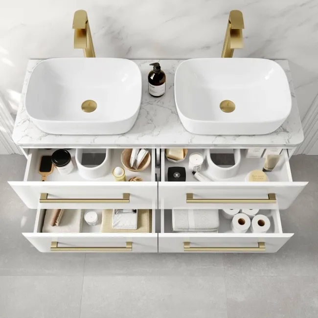 Omaha Gloss White Wall Hung Drawer Vanity with Marble Top & Curved Counter Top Basin 1200mm - Brushed Brass Accents