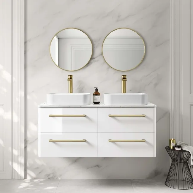 Omaha Gloss White Wall Hung Drawer Vanity with Marble Top & Marin Basin 1200mm - Brushed Brass Accents