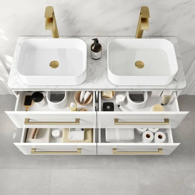 Omaha Gloss White Wall Hung Drawer Vanity with Marble Top & Marin Basin 1200mm - Brushed Brass Accents