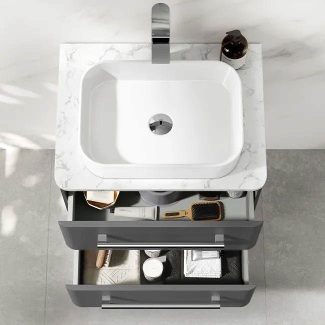 Omaha Slate Grey Wall Hung Drawer Vanity with Marble Top & Marin Basin 600mm