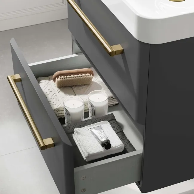 Omaha Slate Grey Wall Hung Basin Drawer Vanity 600mm - Brushed Brass Accents
