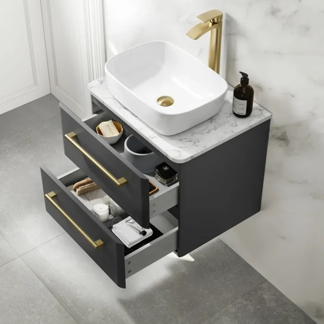 Omaha Slate Grey Wall Hung Drawer Vanity with Marble Top & Curved Counter Top Basin 600mm - Brushed Brass Accents