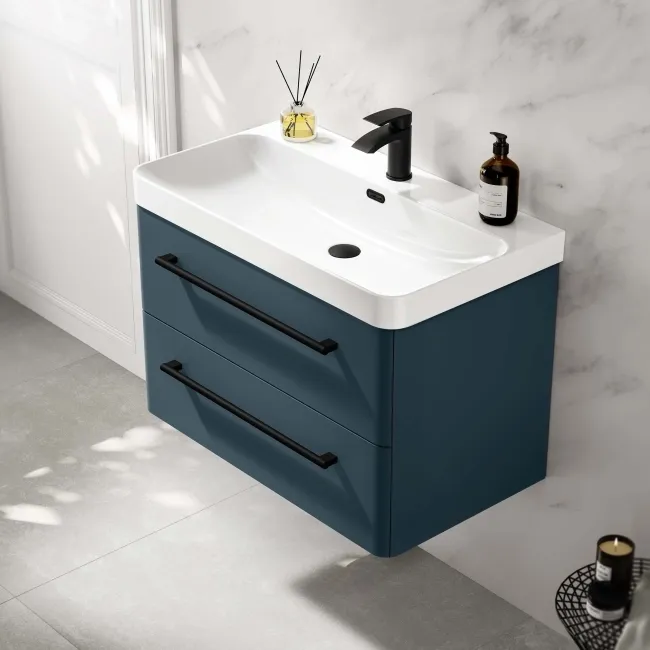 Omaha Navy Blue Wall Hung Basin Drawer Vanity 800mm - Black Accents