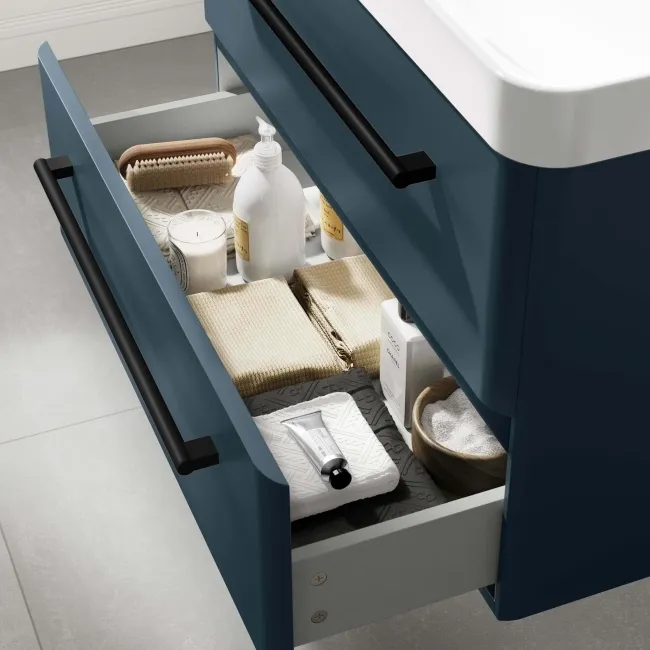 Omaha Navy Blue Wall Hung Basin Drawer Vanity 800mm - Black Accents