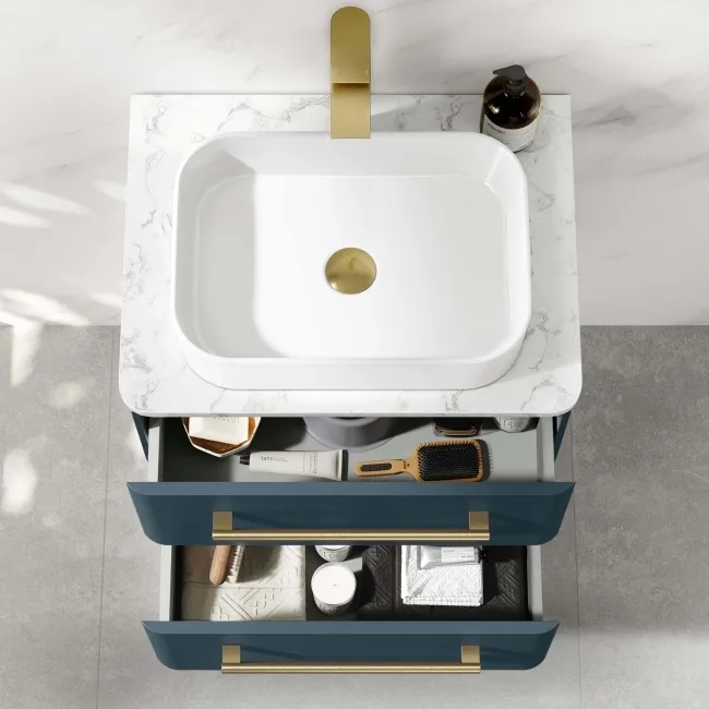 Omaha Navy Blue Wall Hung Drawer Vanity with Marble Top & Marin Basin 600mm - Brushed Brass Accents