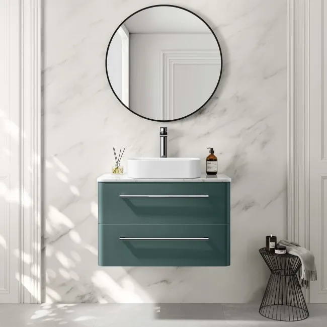 Omaha Mystic Green Wall Hung Drawer Vanity with Marble Top & Marin Basin 800mm