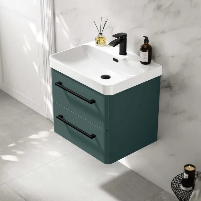 Omaha Mystic Green Wall Hung Basin Drawer Vanity 600mm - Black Accents