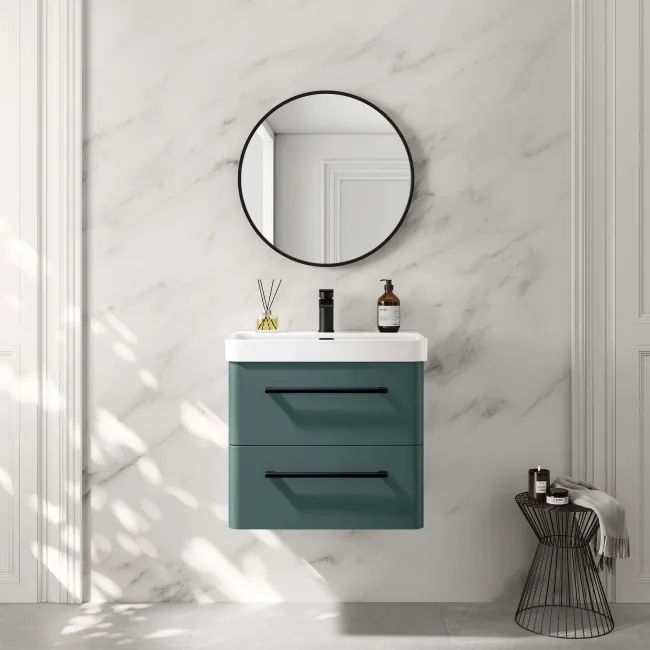 Omaha Mystic Green Wall Hung Basin Drawer Vanity 600mm - Black Accents