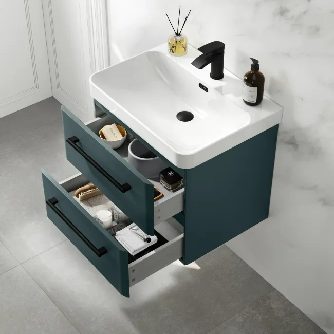Omaha Mystic Green Wall Hung Basin Drawer Vanity 600mm - Black Accents