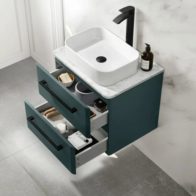 Omaha Mystic Green Wall Hung Drawer Vanity with Marble Top & Marin Basin 600mm - Black Accents