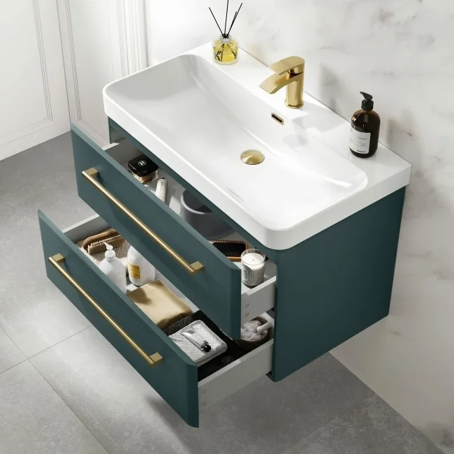 Omaha Mystic Green Wall Hung Basin Drawer Vanity 800mm - Brushed Brass Accents