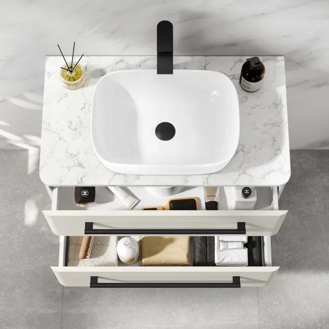 Omaha Linen White Wall Hung Drawer Vanity with Marble Top & Curved Counter Top Basin 800mm - Black Accents
