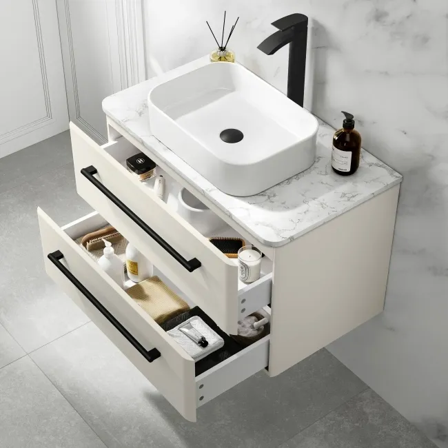 Omaha Linen White Wall Hung Drawer Vanity with Marble Top & Marin Basin 800mm - Black Accents