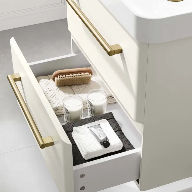 Omaha Linen White Wall Hung Basin Drawer Vanity 600mm - Brushed Brass Accents