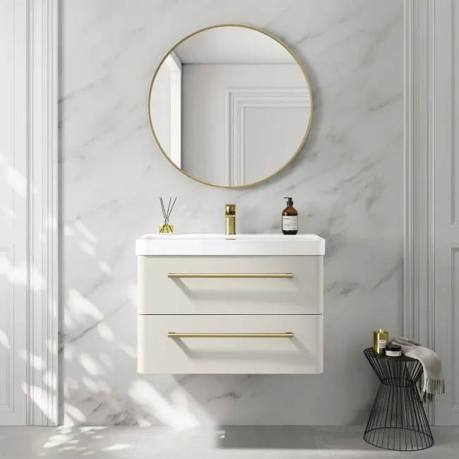 Omaha Linen White Wall Hung Basin Drawer Vanity 800mm - Brushed Brass Accents