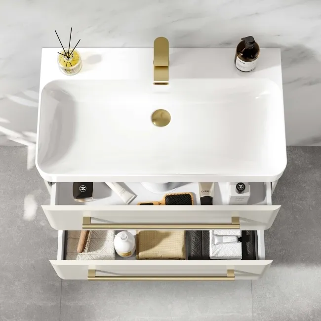 Omaha Linen White Wall Hung Basin Drawer Vanity 800mm - Brushed Brass Accents