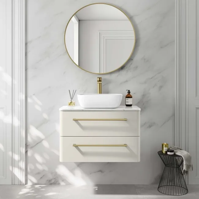 Omaha Linen White Wall Hung Drawer Vanity with Marble Top & Curved Counter Top Basin 800mm - Brushed Brass Accents