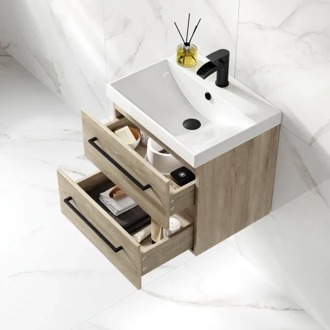 Elba Dawn Oak Wall Hung Basin Drawer Vanity 500mm - Black Accents