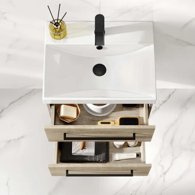 Elba Dawn Oak Wall Hung Basin Drawer Vanity 500mm - Black Accents