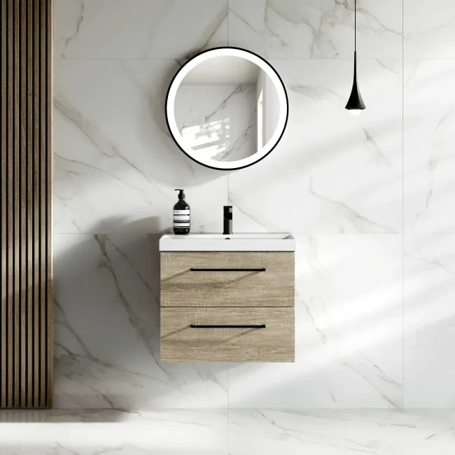 Elba Dawn Oak Wall Hung Basin Drawer Vanity 600mm - Black Accents