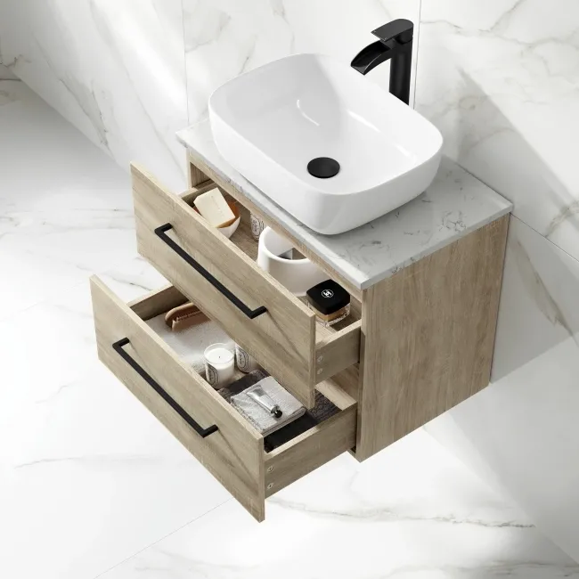 Elba Dawn Oak Wall Hung Drawer Vanity with Marble Top & Curved Counter Top Basin 600mm - Black Accents
