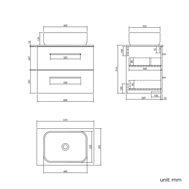 Elba Dawn Oak Wall Hung Drawer Vanity with Marble Top & Curved Counter Top Basin 600mm - Black Accents