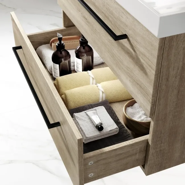 Elba Dawn Oak Wall Hung Basin Drawer Vanity 800mm - Black Accents