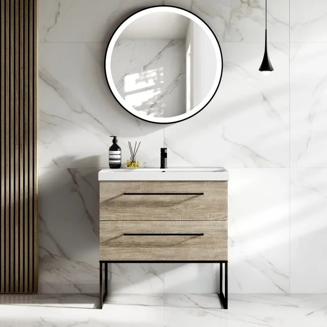 Elba Dawn Oak Wall Hung Basin Drawer Vanity 800mm with Matt Black Stand