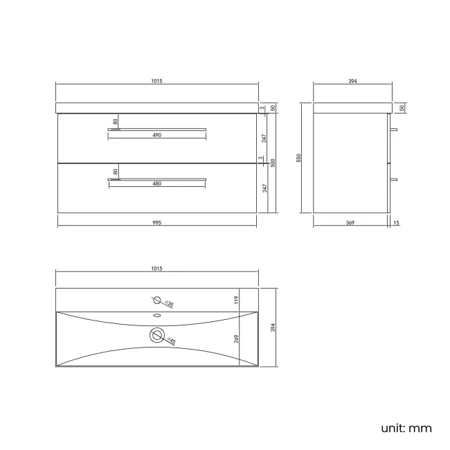 Elba Dawn Oak Wall Hung Basin Drawer Vanity 1000mm - Black Accents