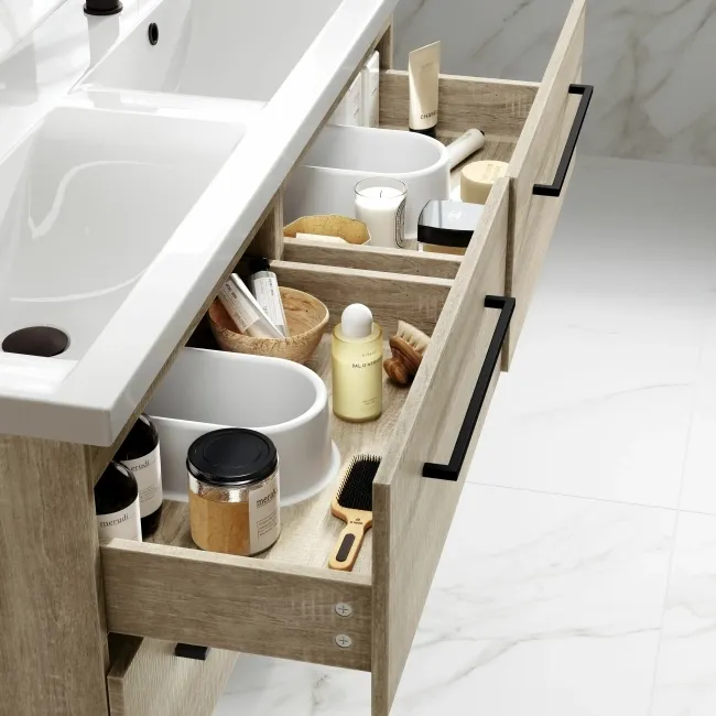 Elba Dawn Oak Wall Hung Double Basin Drawer Vanity 1200mm - Black Accents