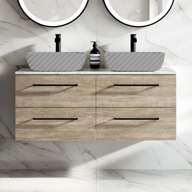 Elba Dawn Oak Wall Hung Drawer with Marble Top 1200mm Excludes Basins - Black Accents