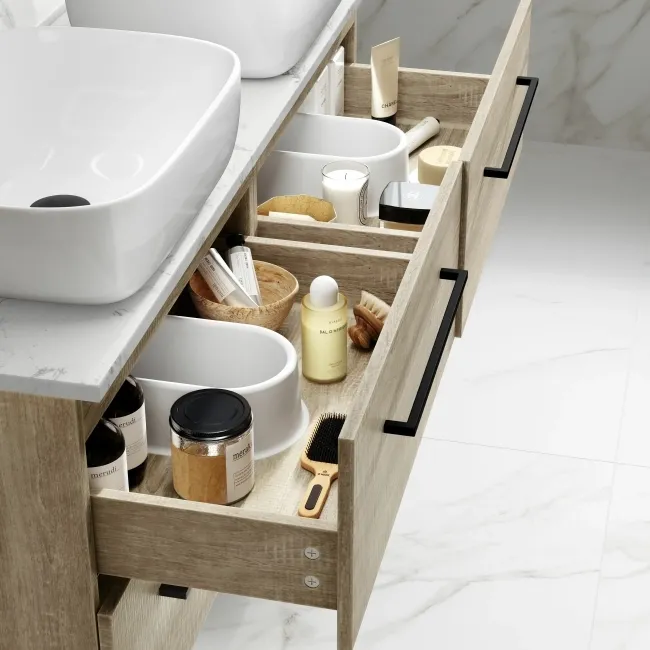 Elba Dawn Oak Double Wall Hung Drawer Vanity with Marble Top & Curved Basin 1200mm - Black Accents