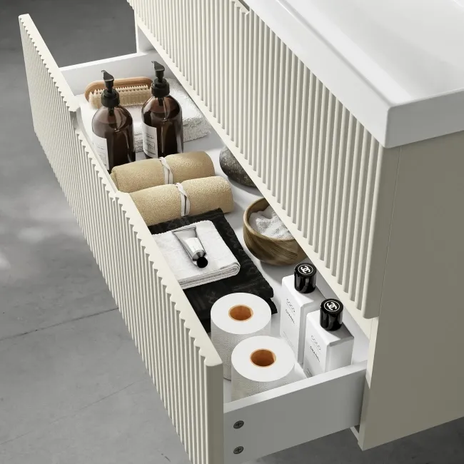Crete Fluted Linen White Wall Hung Basin Drawer Vanity 1000mm