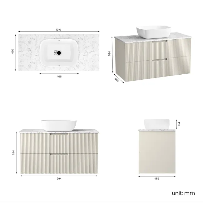 Crete Fluted Linen White Wall Hung Drawer Vanity with Marble Top & Curved Basin 1000mm