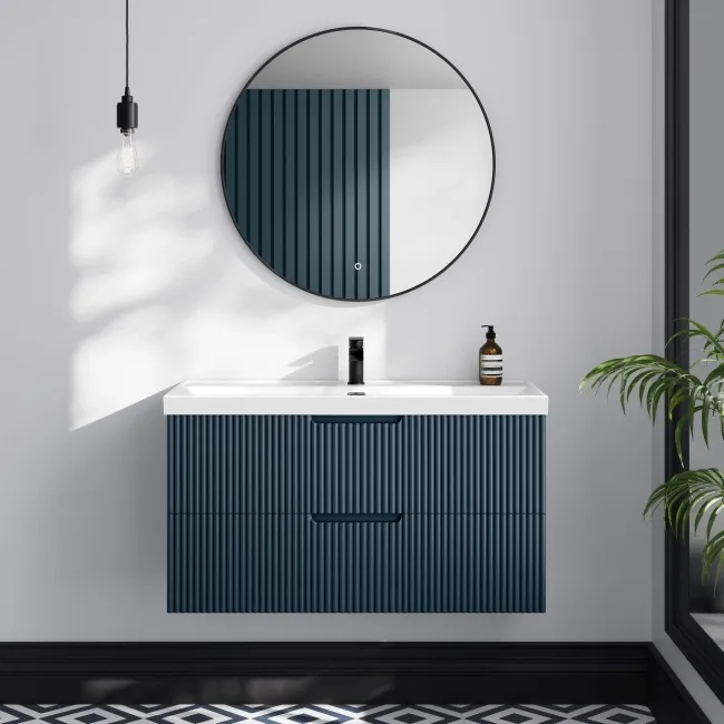 Crete Fluted Navy Blue Wall Hung Basin Drawer Vanity 1000mm