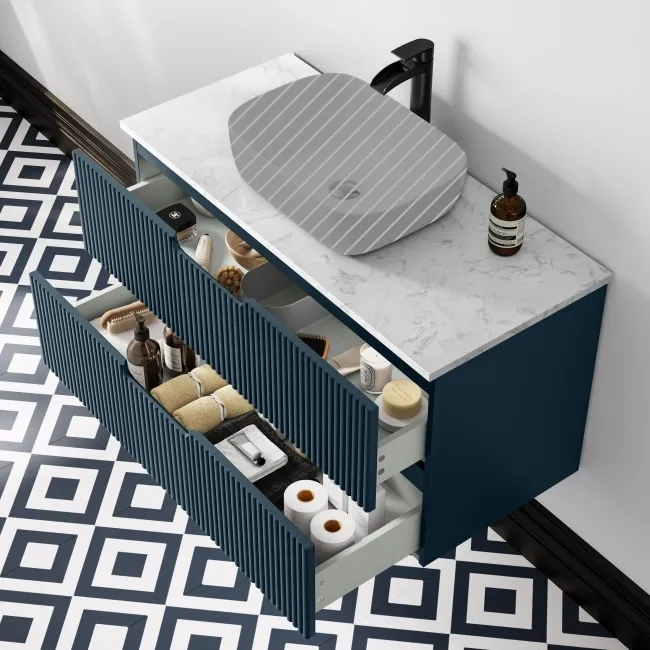 Crete Fluted Navy Blue Wall Hung Drawer Vanity with Marble Top 1000mm - Excludes Counter Top Basin