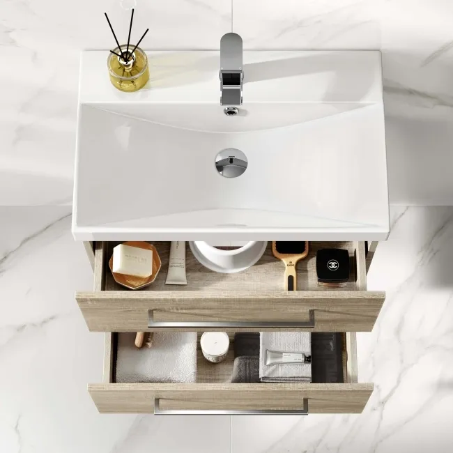 Elba Dawn Oak Wall Hung Basin Drawer Vanity 600mm