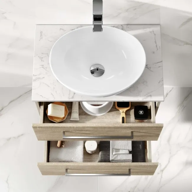 Elba Dawn Oak Wall Hung Drawer Vanity with Marble Top & Oval Counter Top Basin 600mm