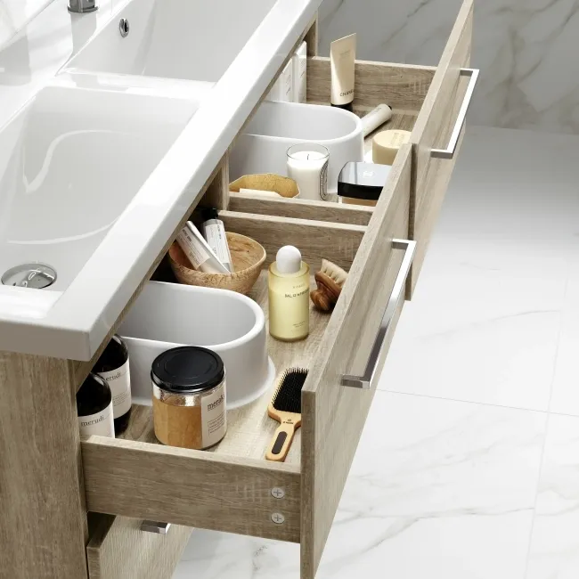 Elba Dawn Oak Wall Hung Double Basin Drawer Vanity 1200mm