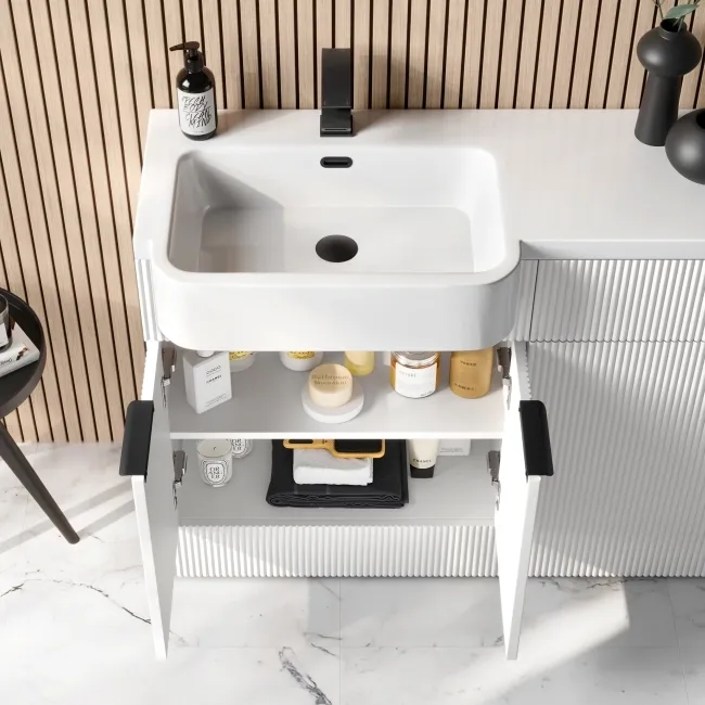 Sicily Fluted Coastal White Basin Vanity and Back To Wall Toilet Unit 1200mm (Excludes Toilet) - Black Accents - Left Handed