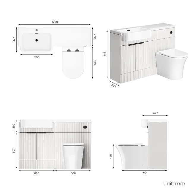 Sicily Fluted Coastal White Combination Vanity Basin and Tucson Toilet 1200mm - Black Accents - Left Handed
