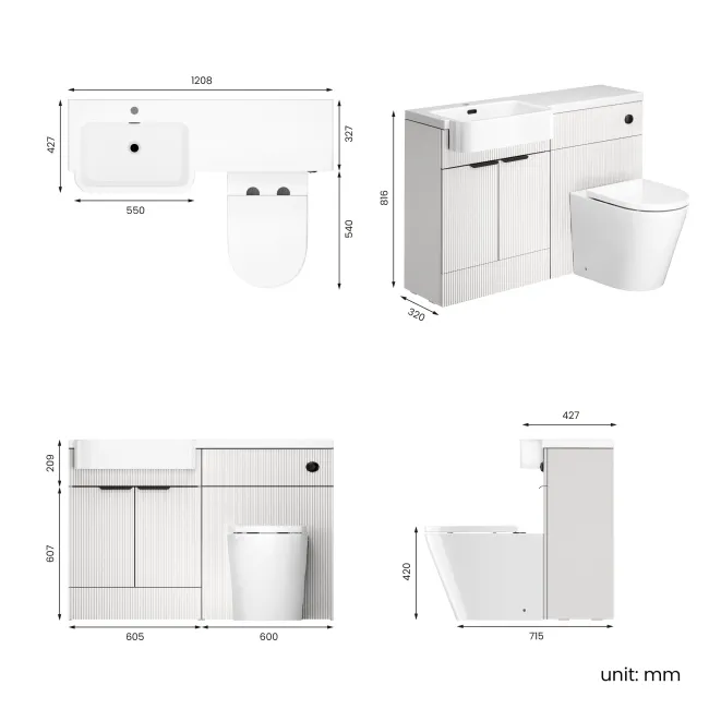 Sicily Fluted Coastal White Combination Vanity Basin and Boston Toilet 1200mm - Black Accents - Left Handed