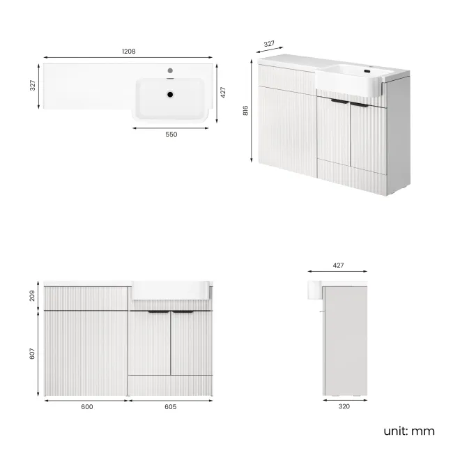 Sicily Fluted Coastal White Basin Vanity and Back To Wall Toilet Unit 1200mm (Excludes Toilet) - Black Accents - Right Handed