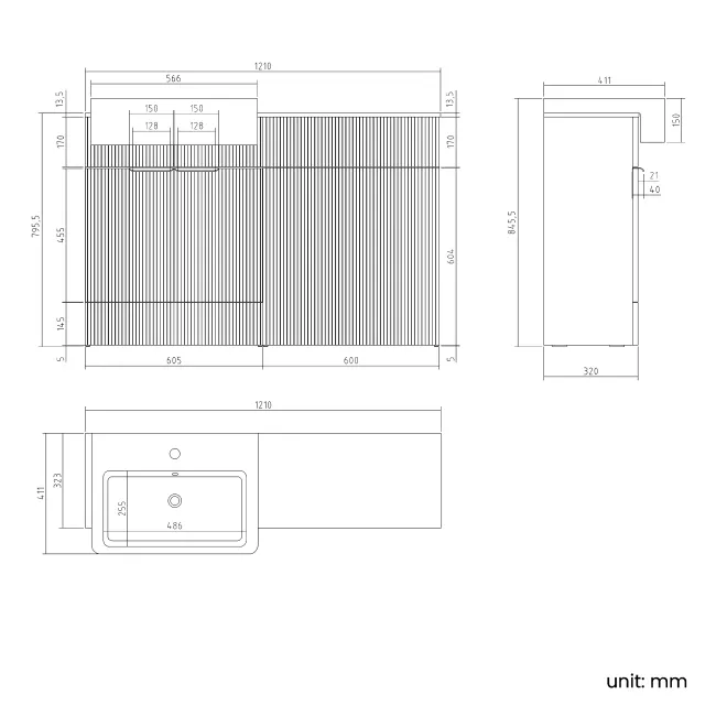 Sicily Fluted Coastal White Basin Vanity with Marble Top & Back To Wall Unit 1200mm (Excludes Toilet) - Black Accents