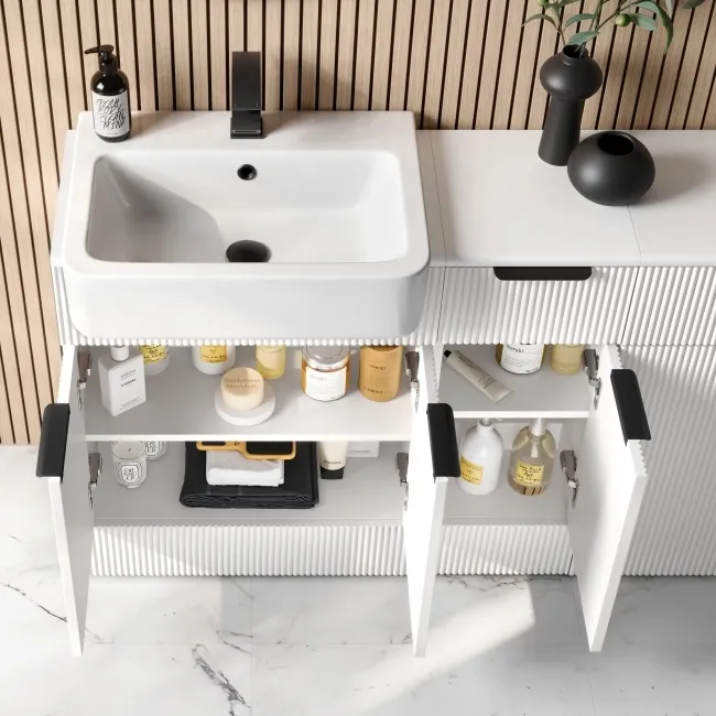 Sicily Fluted Coastal White Combination Vanity Basin 1500mm (Excludes Toilet) - Black Accents