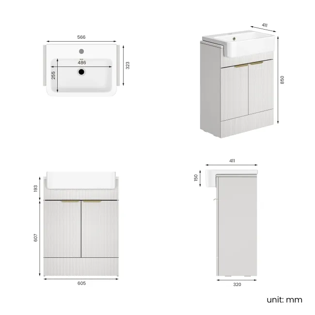 Sicily Fluted Coastal White Vanity with Semi Recessed Basin 600mm - Brushed Brass Accents