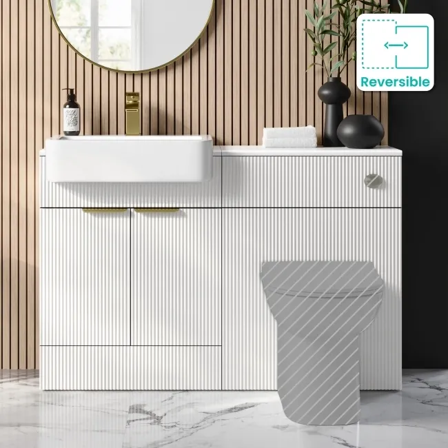 Sicily Fluted Coastal White Basin Vanity and Back To Wall Toilet Unit 1200mm (Excludes Toilet) - Brushed Brass Accents