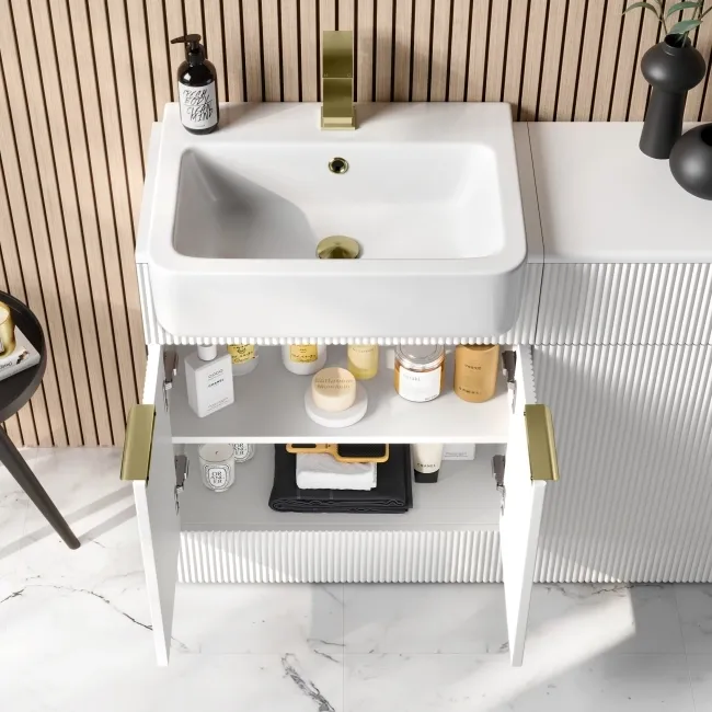 Sicily Fluted Coastal White Basin Vanity and Back To Wall Toilet Unit 1200mm (Excludes Toilet) - Brushed Brass Accents